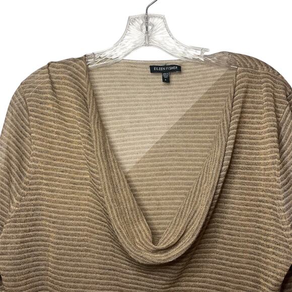 Eileen Fisher Metallic Striped Lightweight Draped Cowl Neck Knit Top Tan Gold L - Picture 2 of 8